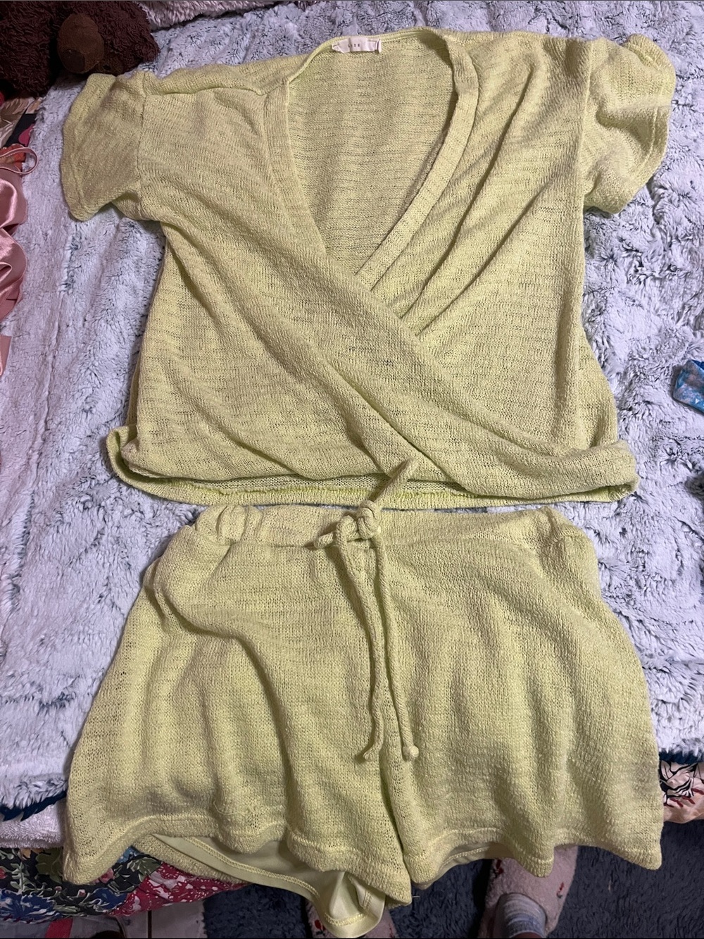 Lush Light Yellow Knit Wrap Top & Drawstring Shorts Set